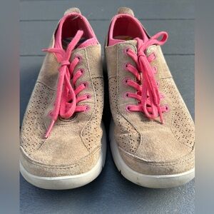 Dansko, size 38, tan suede sneakers with pink trim